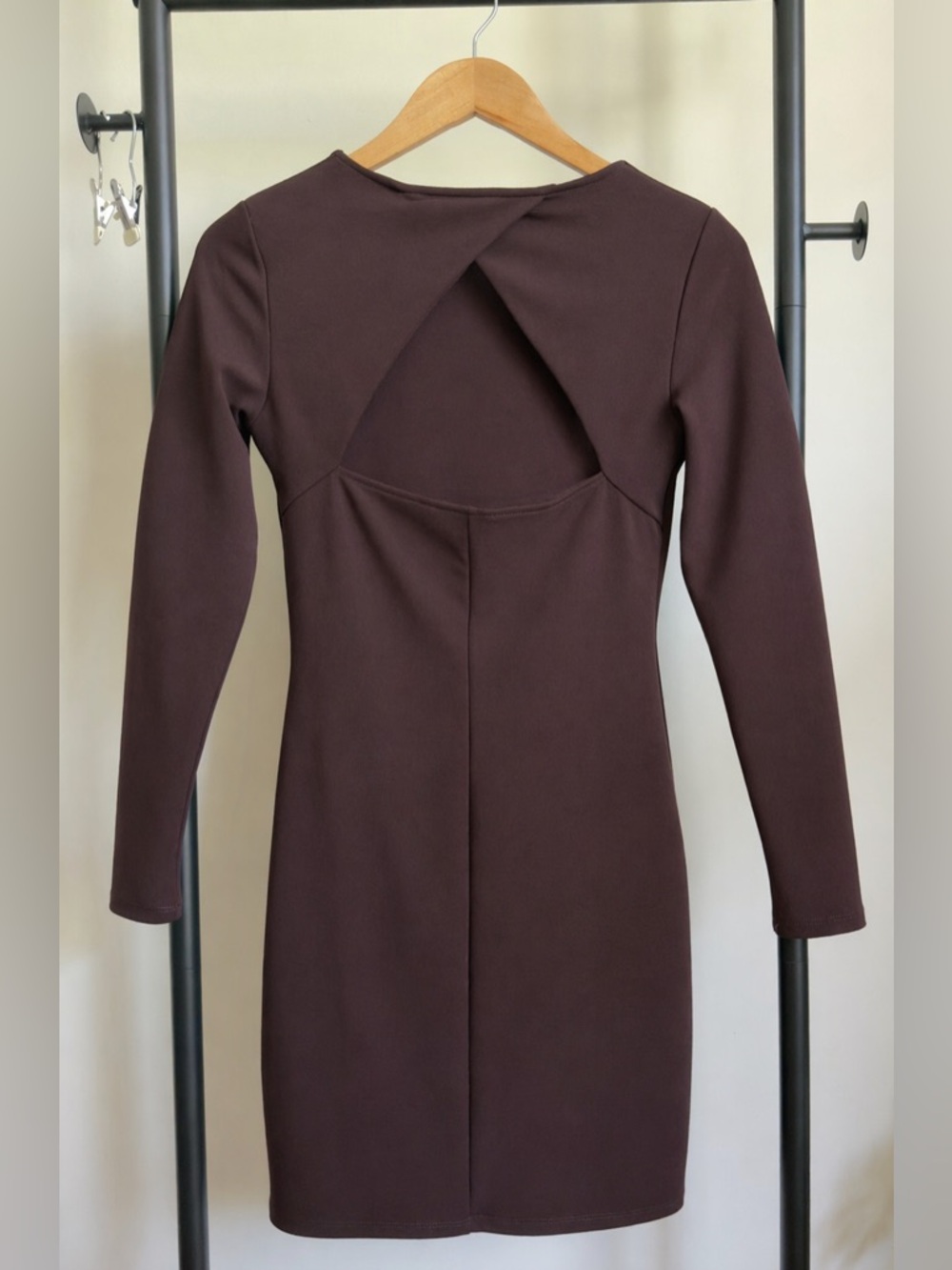H&M Chocolate Brown Bodycon Dress Small Open Back Cutout Long Sleeve Size S